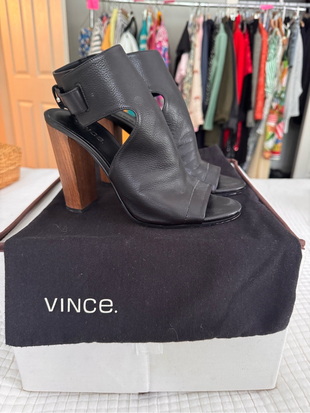 Vince Addie Black Leather Cutout Open-Toe Block Heel Sandals